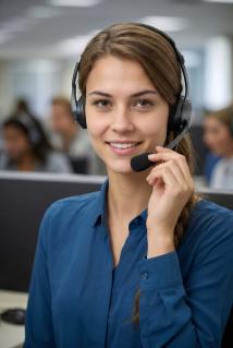 call center agent with headset smiling
